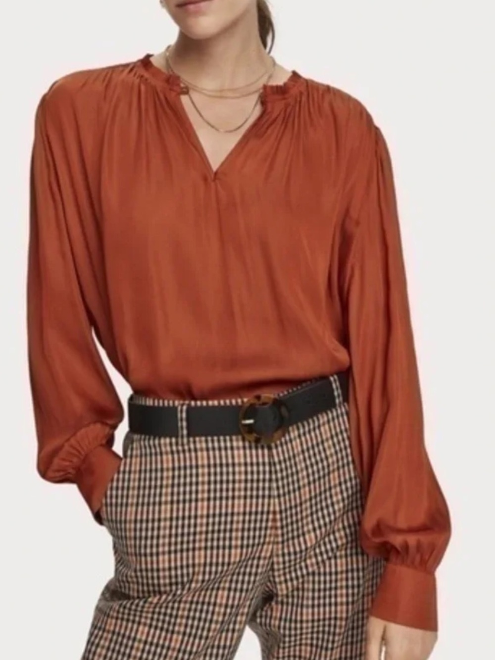 Scotch & Soda Burnt Orange Smocked-Yoke Long Sleeve Blouse Rust M